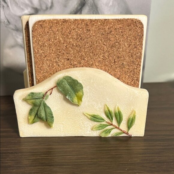 Vintage 5 Piece Handpainted Stone Frog Coaster Set Of 4 Cork Back With Stand - Picture 5 of 5